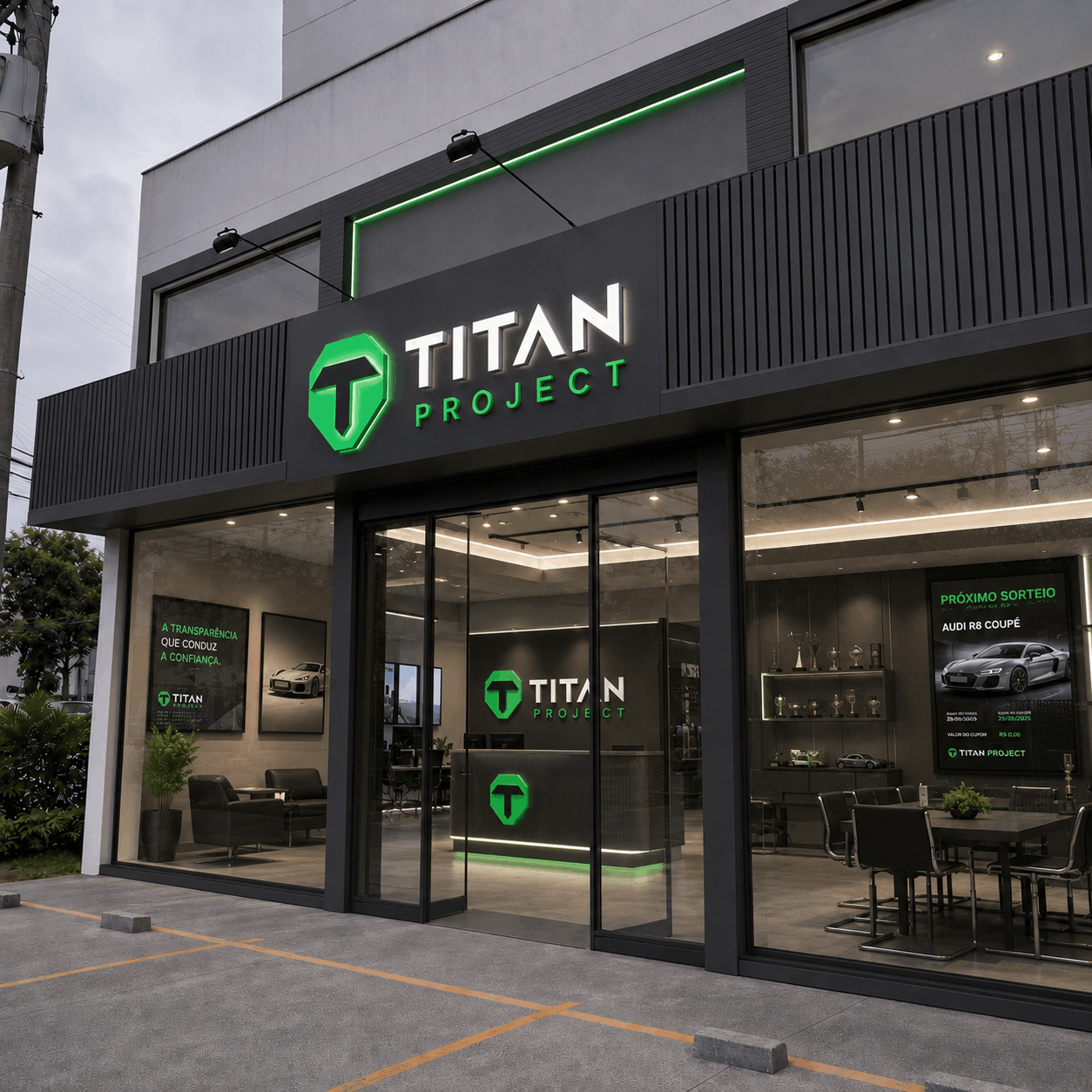 Fachada da loja Titan Project com logo iluminada em verde